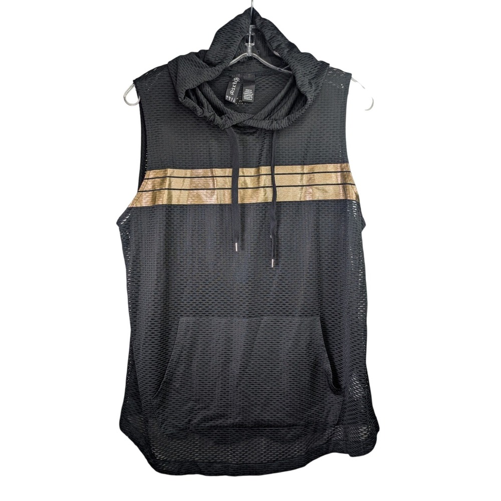 ASKYA Women's Black Mesh Hoodie Large Gold Metallic Stripe Active Top Sleeveless